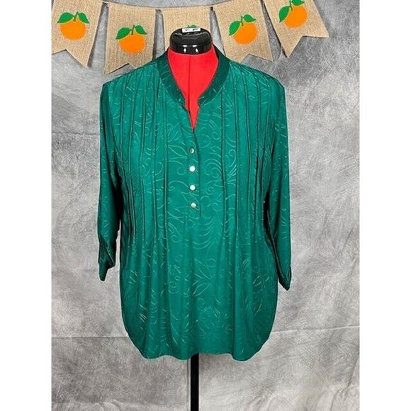 Notations Tops - Notations Blouse Size XL Embroidered Dark Green 1/4 Buttons Roll Tab Sleeve